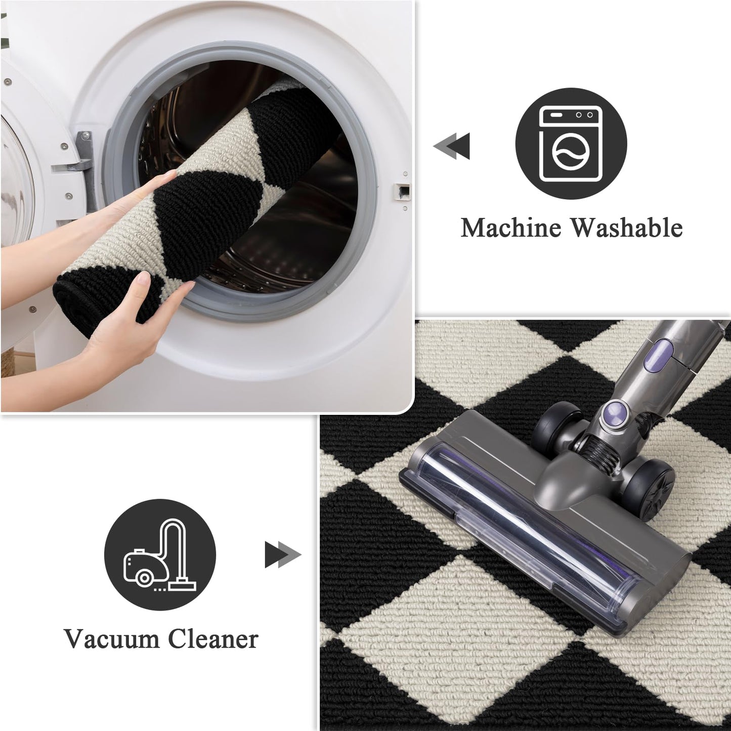 SHACOS 3Pcs Kitchen Rug, Checkered Kitchen Mat for Floor, Washable Non Slip Runner Rug for Hallway Entryway, Kitchen Runner Set for Kitchen, Front of Sink (17"x30"+17"x47"+17"x59", Black/White)