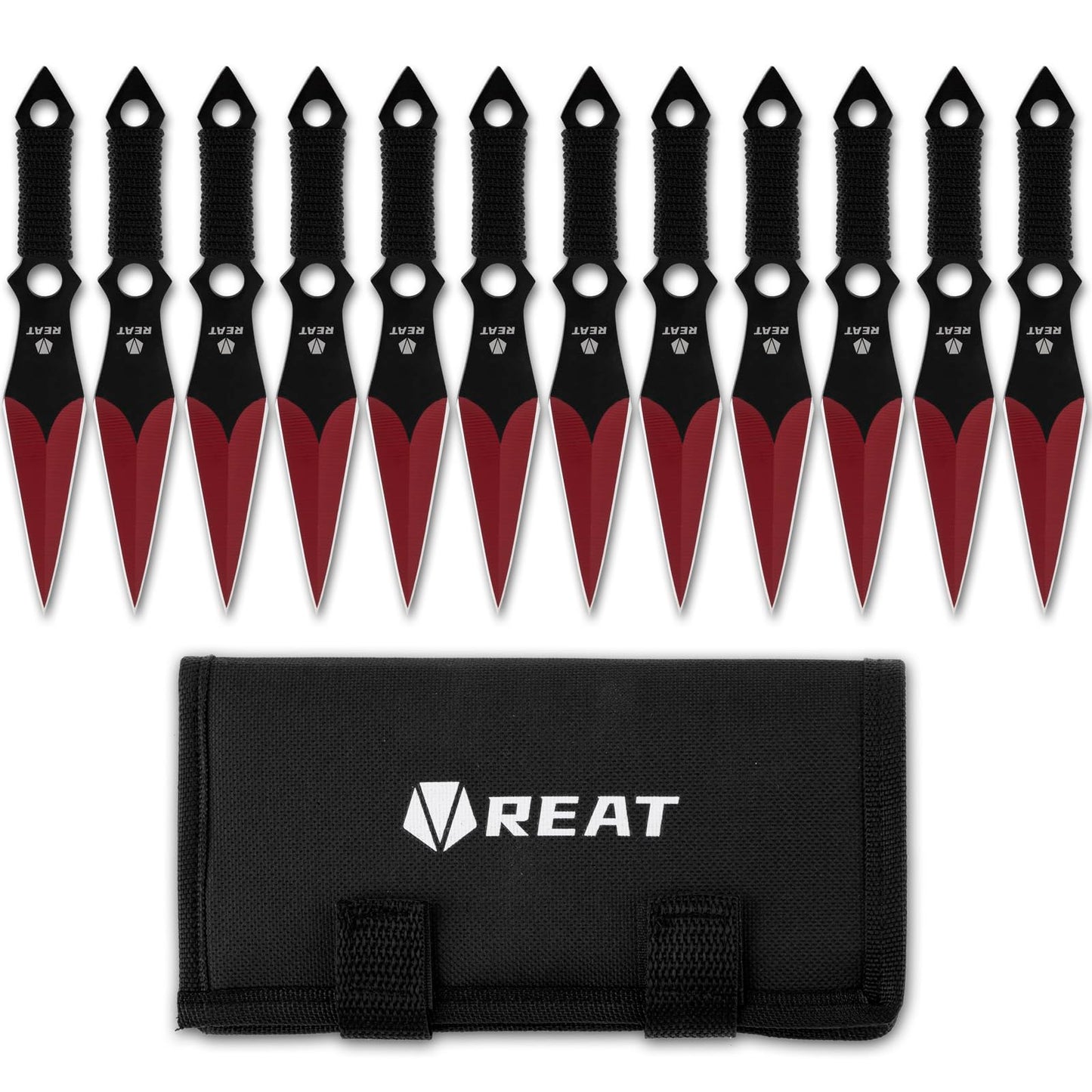 REAT Throwing Knives - 12 Piece, 6.5" 440 Stainless Steel with Cord-Wrapped Handle, Includes Nylon Carrying Case for Safe Storage,Ninja Kunai Knives for Competition,Recreation,Gifts for Men,Women (Red)