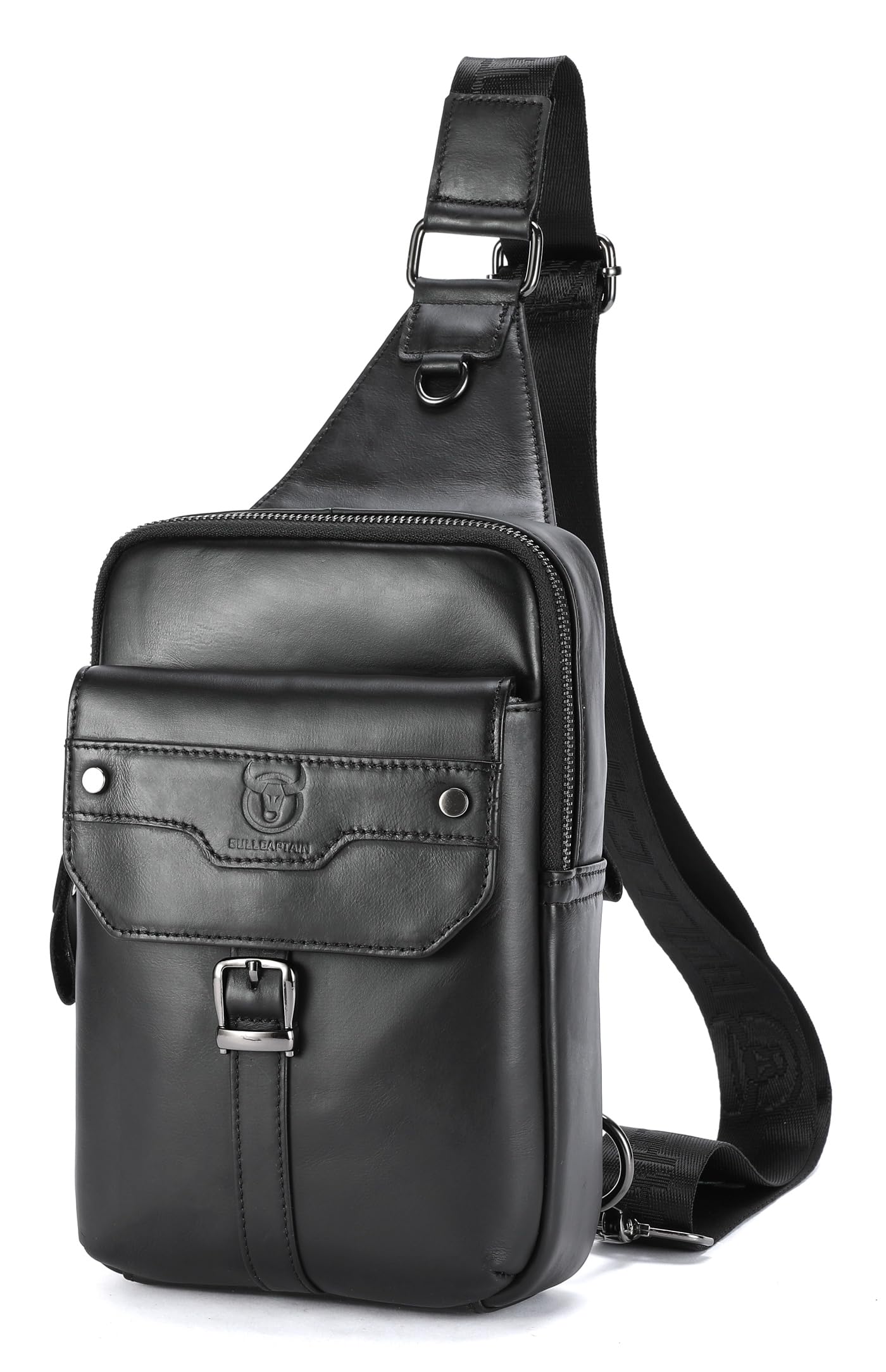 BULLCAPTAIN Men's Leather Samll Crossbody Backpack Sling Chest Bag for Hiking Travel (Black)
