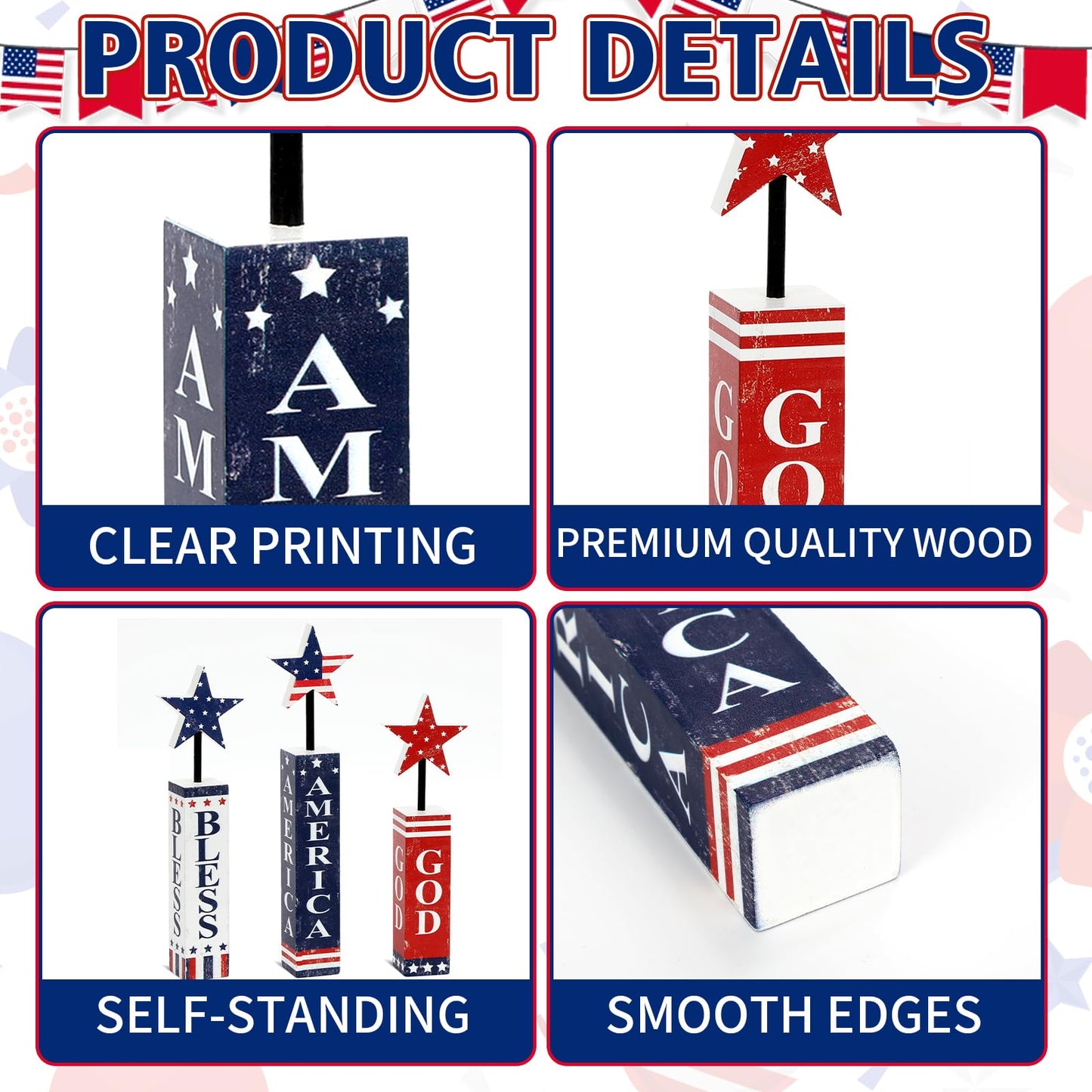 4th of July Table Decorations Wooden Patriotic Tiered Tray Decor 3 Pcs Memorial Day Decorations Red White Blue Centerpieces USA Star Wood Blocks for 250th Anniversary Independence Day Home Office