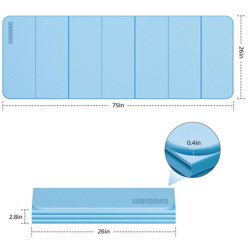 Folding Yoga Mat Extra Thick 0.4 Inch, Foldable Yoga Mat 75 x 26 Inches, TPE Exercise Mat, 7-Panel Non Slip Cushioned Fitness Mat for Yoga, Pilates, Stretching, Home Workout (Blue)