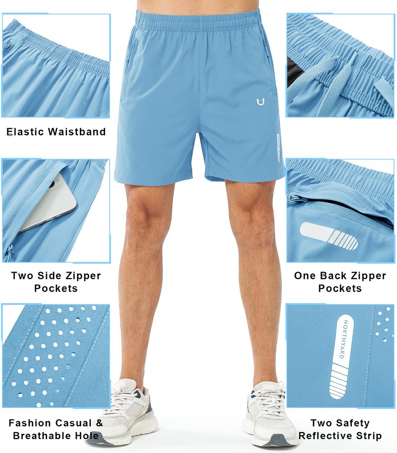 NORTHYARD Men's Athletic Running Shorts Gym Workout 7"/9"/5" Quick Dry Lightweight Sports Basketball Tennis 3 Zipper Pockets SKYBLUE-5inch 2XL