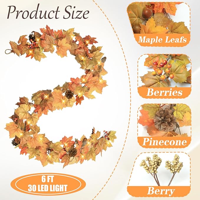 6 Ft Artificial Fall Garland with Lights - Autumn Maple Leaf f Thanksgiving Decor Hanging Vine Autumn Foliage Garland Used for Home Wedding Party Decor