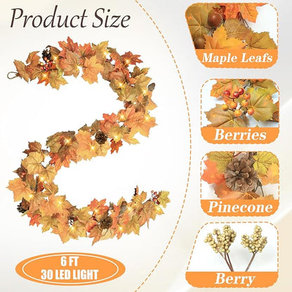 6 Ft Artificial Fall Garland with Lights - Autumn Maple Leaf f Thanksgiving Decor Hanging Vine Autumn Foliage Garland Used for Home Wedding Party Decor