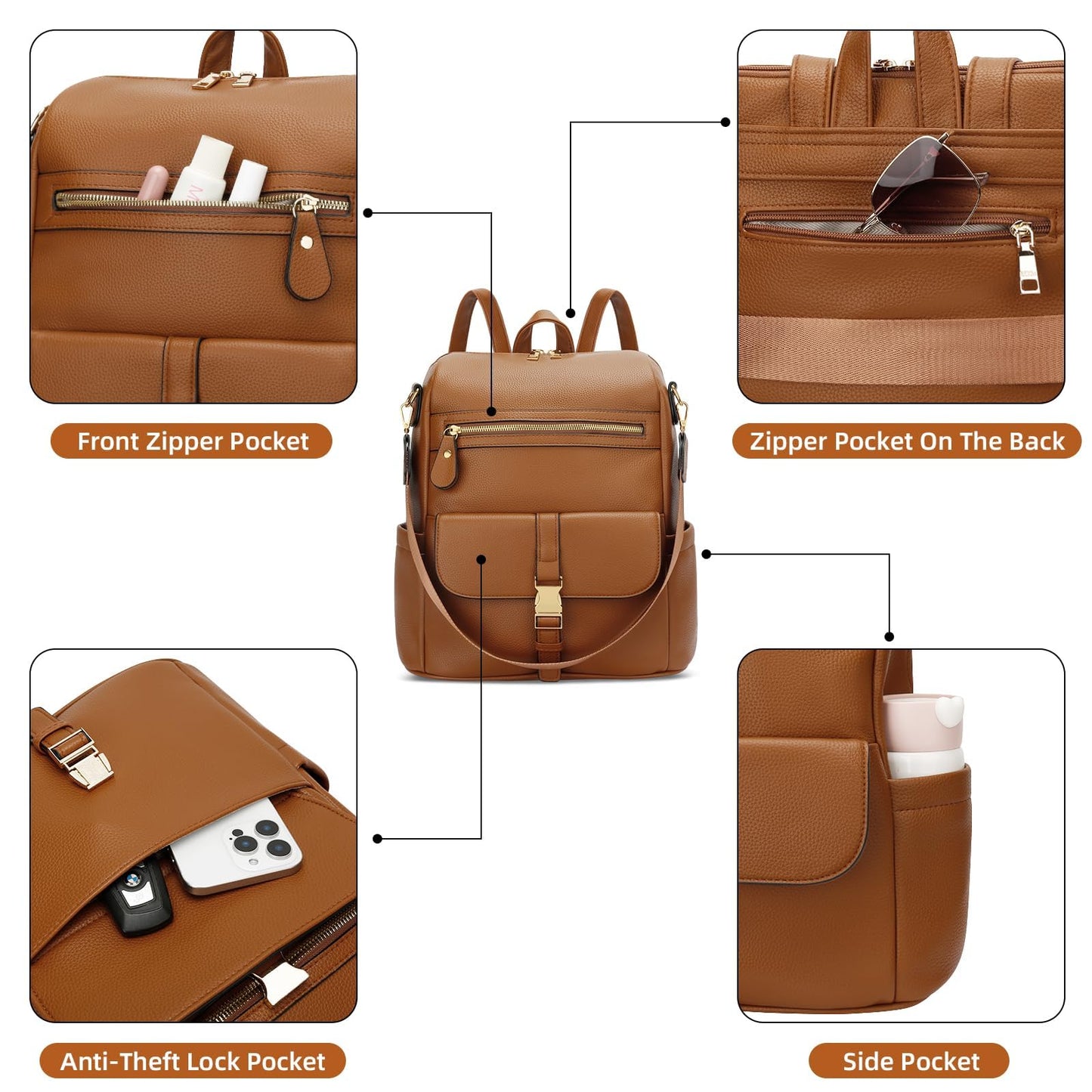 KKXIU Backpack Purse for Women - Multi-pocket Leather backpack for Travel, Work & School with Anti-Theft Lock Pocket, Luggage Strap & Water Bottle Pockets - 13x14x5.2 Inch, 1.67lb (Brown)