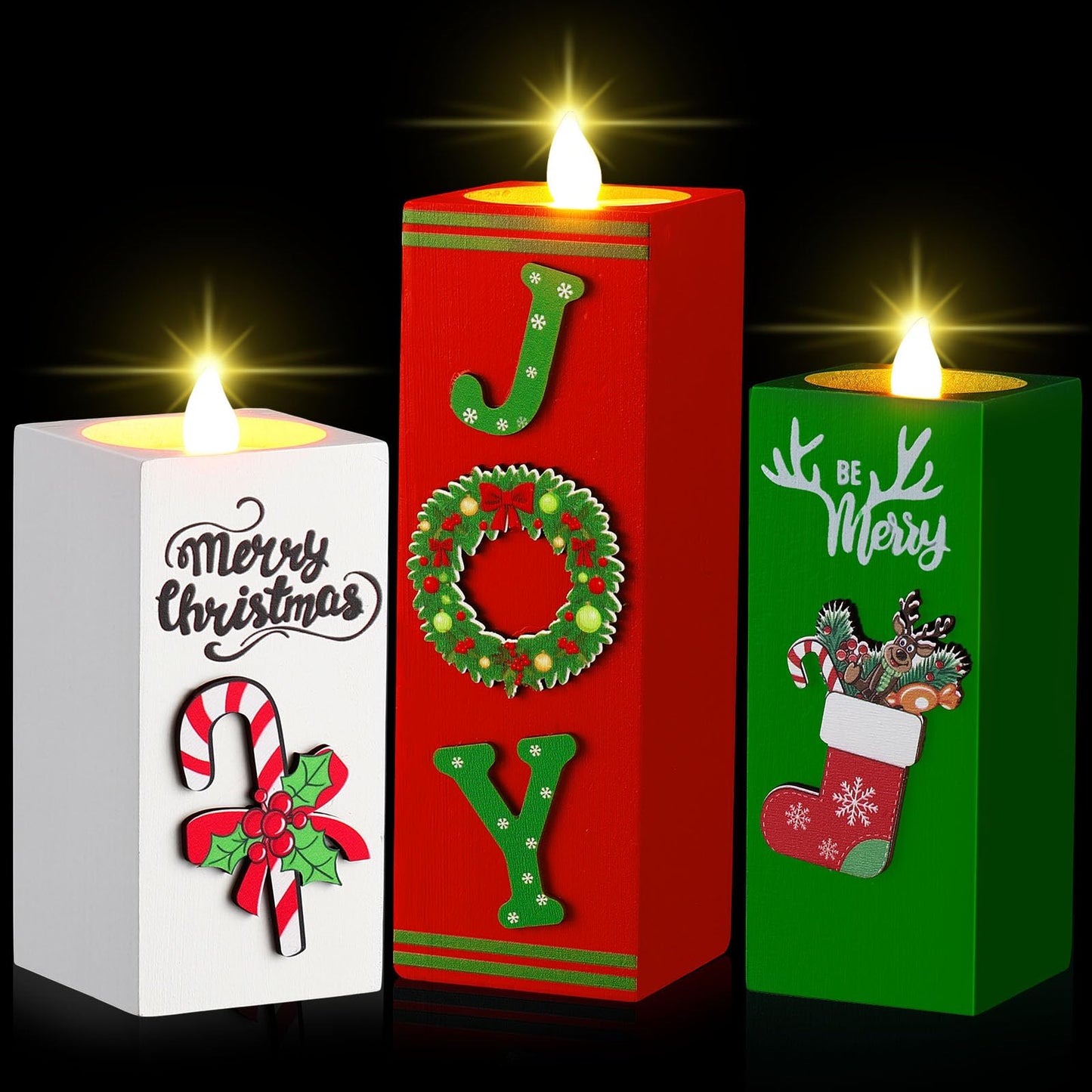 SiliFine 3 Pcs Christmas Candle Holders Xmas Table Centerpieces Decorations Wooden Tealight Candle Holders Rustic Table Centerpieces for Home Office Xmas Decor Gifts