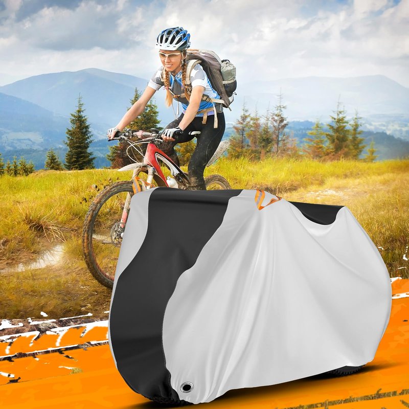 Bike Cover, Outdoor Waterproof Bicycle Cover for Rain /Sun /Dust /Wind Protection, Bicycle Accessories with Lock Hole and Storage Bag, Suitable for Mountain Road E-Bikes, Black/Silver (Fits 1-2 Bikes)