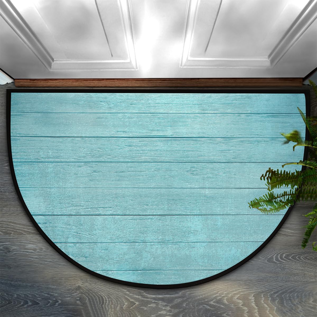 Half Round Doormat Non-Slip Washable Turquoise Teal Wood Texture Semi Circle Rug Soft Absorbent Half Moon Mat for Indoor Outdoor Entrance Kitchen Bathroom Sink Patio Welcome Fireplace Floor Rug