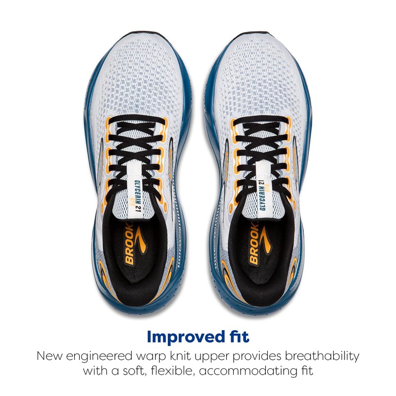 Brooks Men's Glycerin GTS 21 Supportive Running Shoe - White/Sapphire/Orange - 8 Medium
