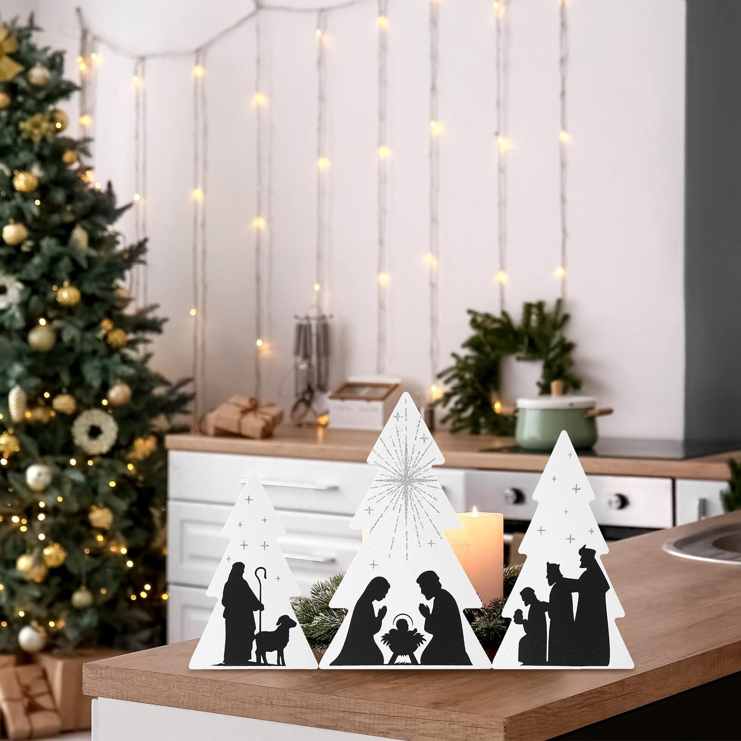 Chunful 3 Pcs Jesus Nativity Wooden Decor Black White Wood Centerpiece Christmas Table Sign Rustic Wood Tree Nativity Scene for Christmas Home Tabletop Mantel Fireplace Party Decoration