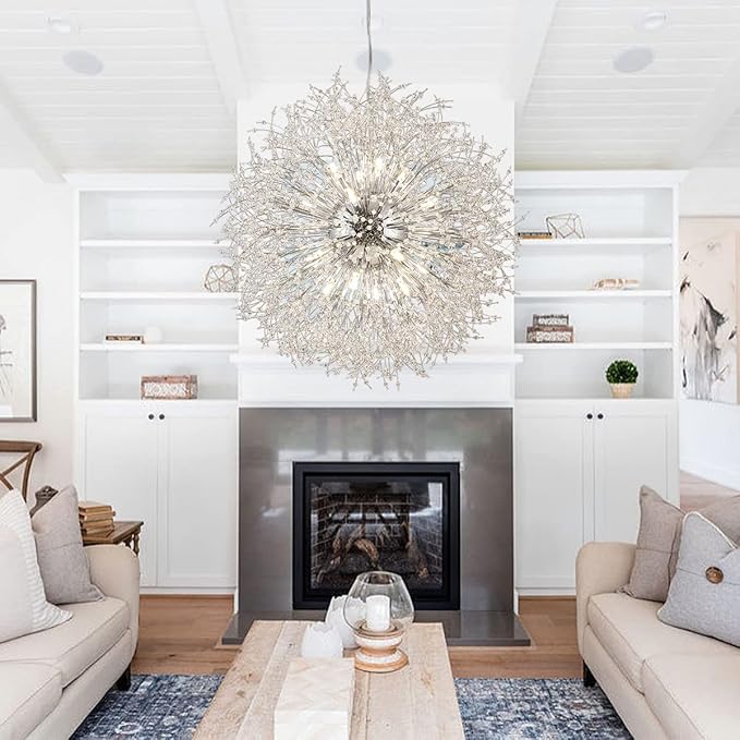 Large Fireworks Crystal Chandeliers, 24-Light Chrome Dandelion Pendant Chandelier, 120W Modern Sputnik Crystal Chandelier Lighting for Living Room Entryway