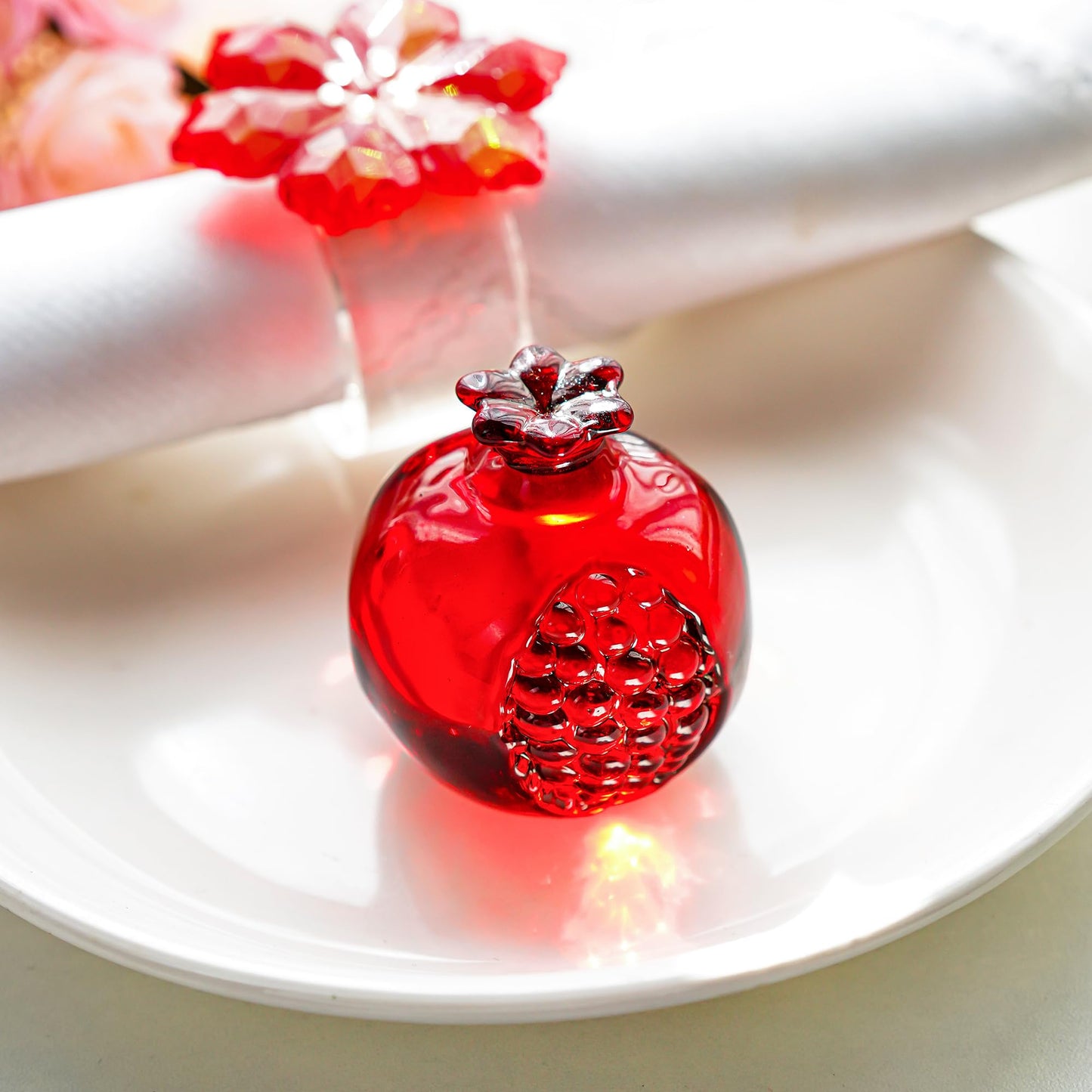 KRISININE Crystal Pomegranate Figurine Glass Pomegranate Artificial Fruit Paperweight for Home Office Tabletop Decor