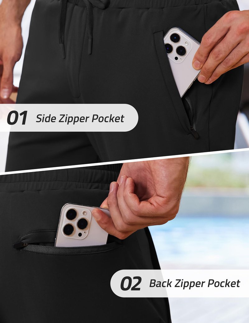 PINSPARK Mens Joggers with Zipper Pockets Lightweight Athletic Track Pants Quick Dry Workout Gym Sweatpants for Men Black L