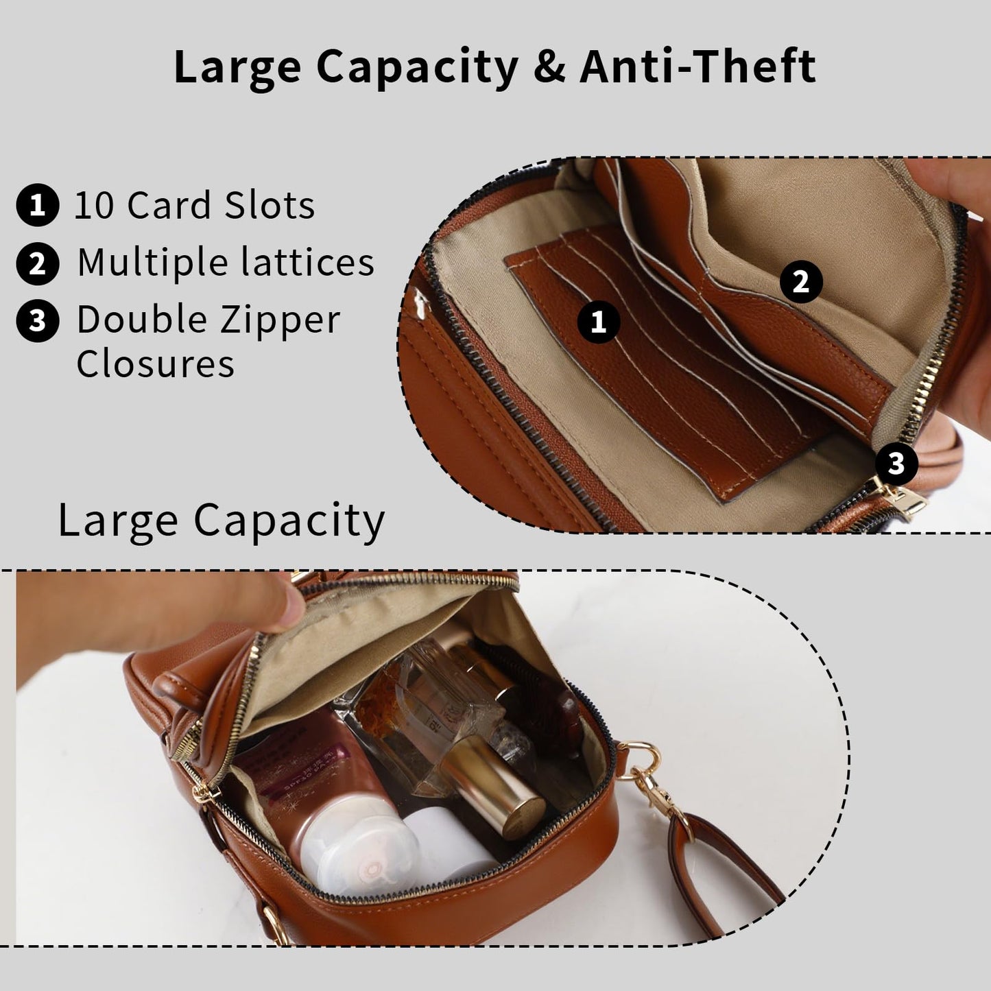 Leather Crossbody Bag for Women - 2025 Vintage Anti-Theft Messenger Bag with Double Layer Large Capacity, Built-in Purse Card Slots,Retro Faux Leather Shoulder Sling Bag for Travel (Brown, Large)