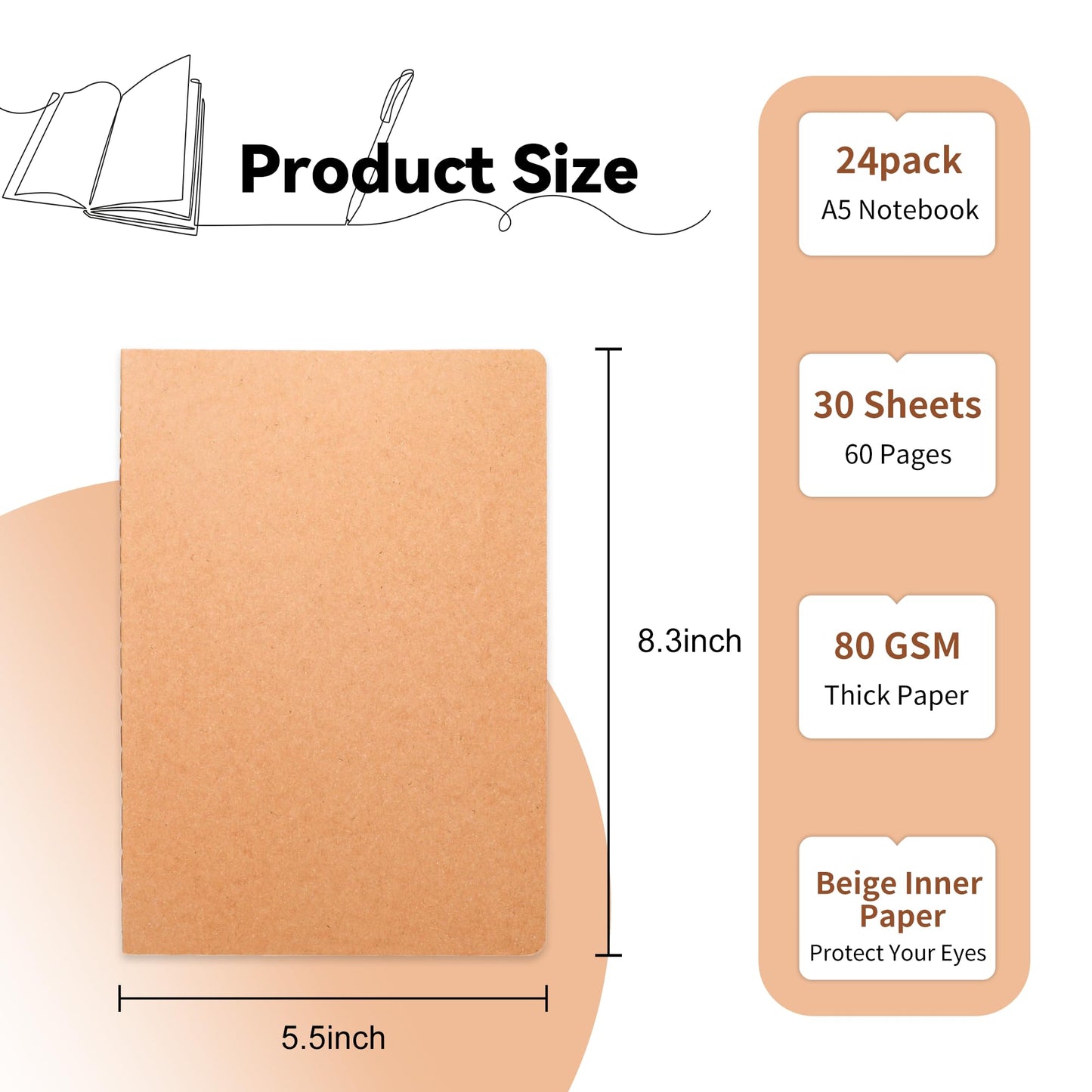 miikoul 24 Pack Blank Kraft Notebooks, 8.3"x5.5" A5 Small Journal Bulk Blank Notebooks 80 Gsm Unlined with 60 Pages A5 Subject Notebooks Traveler Journal Set for Adult Students Office School Supplies