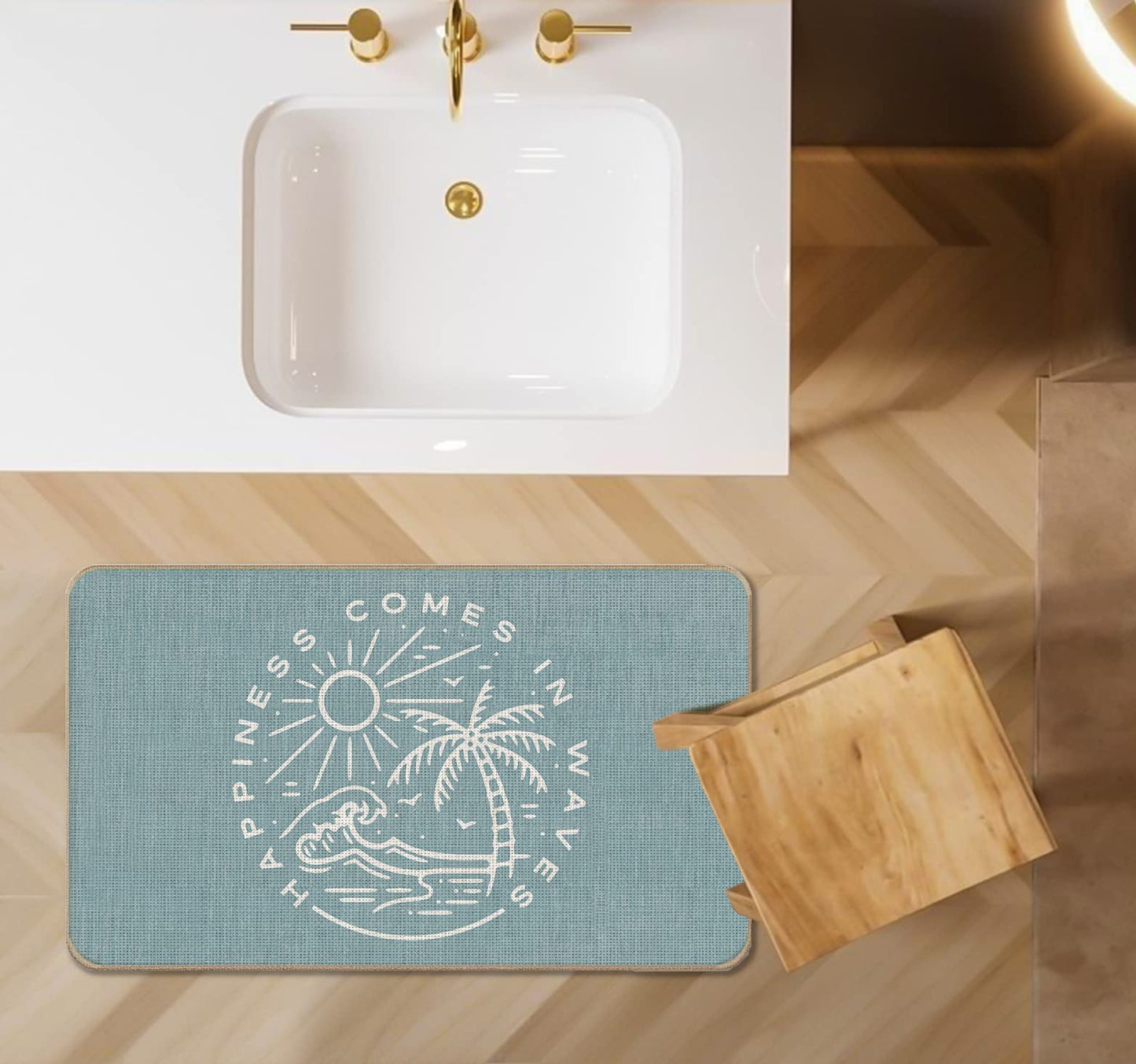 Lacosu Summer Beach House Happiness Comes in Waves Blue Rustic Door Mat Doormat,17"X30" Decorative Coastal House Indoor Outdoor Entry Welcome Door Mat,Ocean Beach Gifts