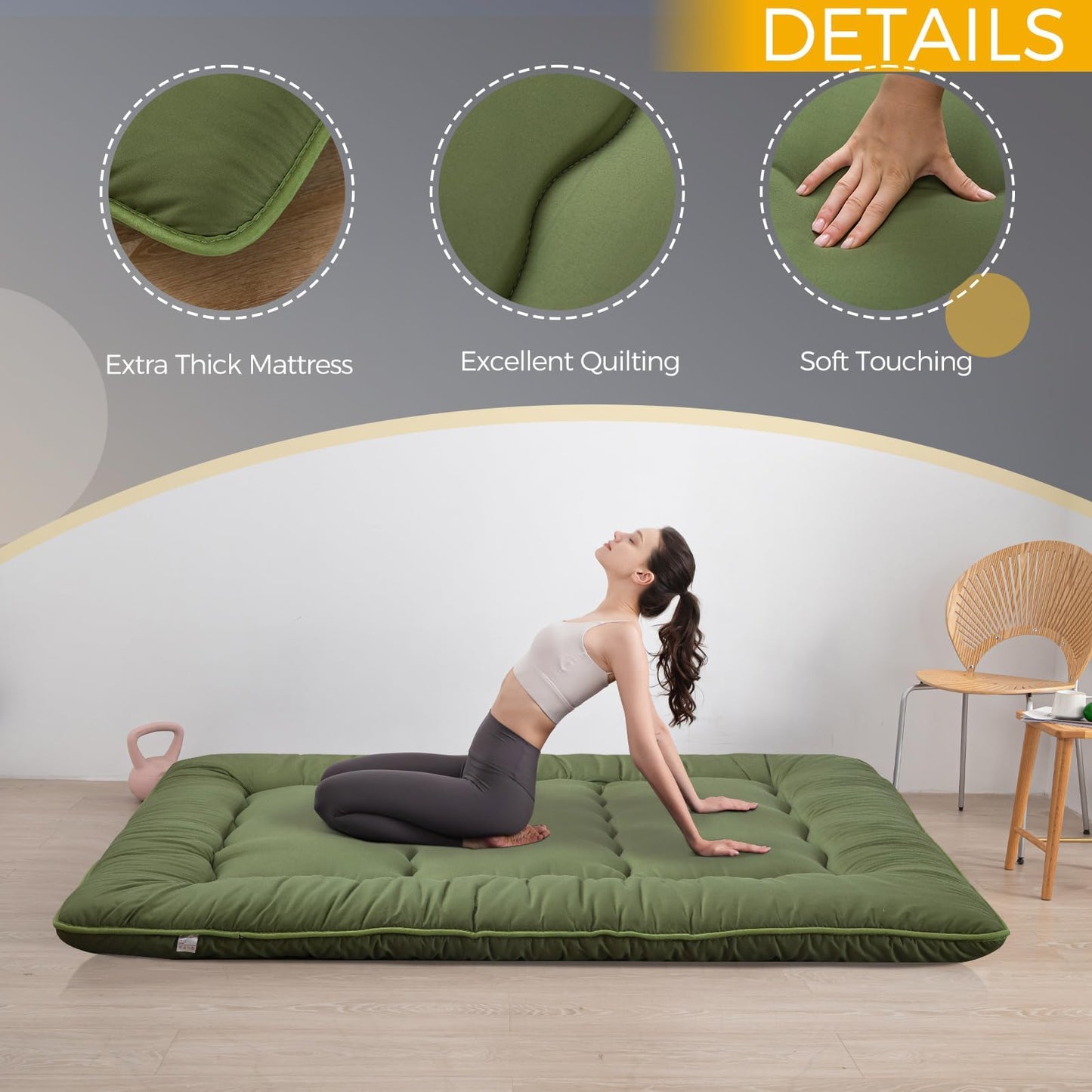 MAXYOYO 6" Extra Thick Japanese Floor Mattress Futon Mattress, Foldable Tatami Pad for Adults, Roll Up Floor Mat for Living Room Guest Room RV, Green, Queen