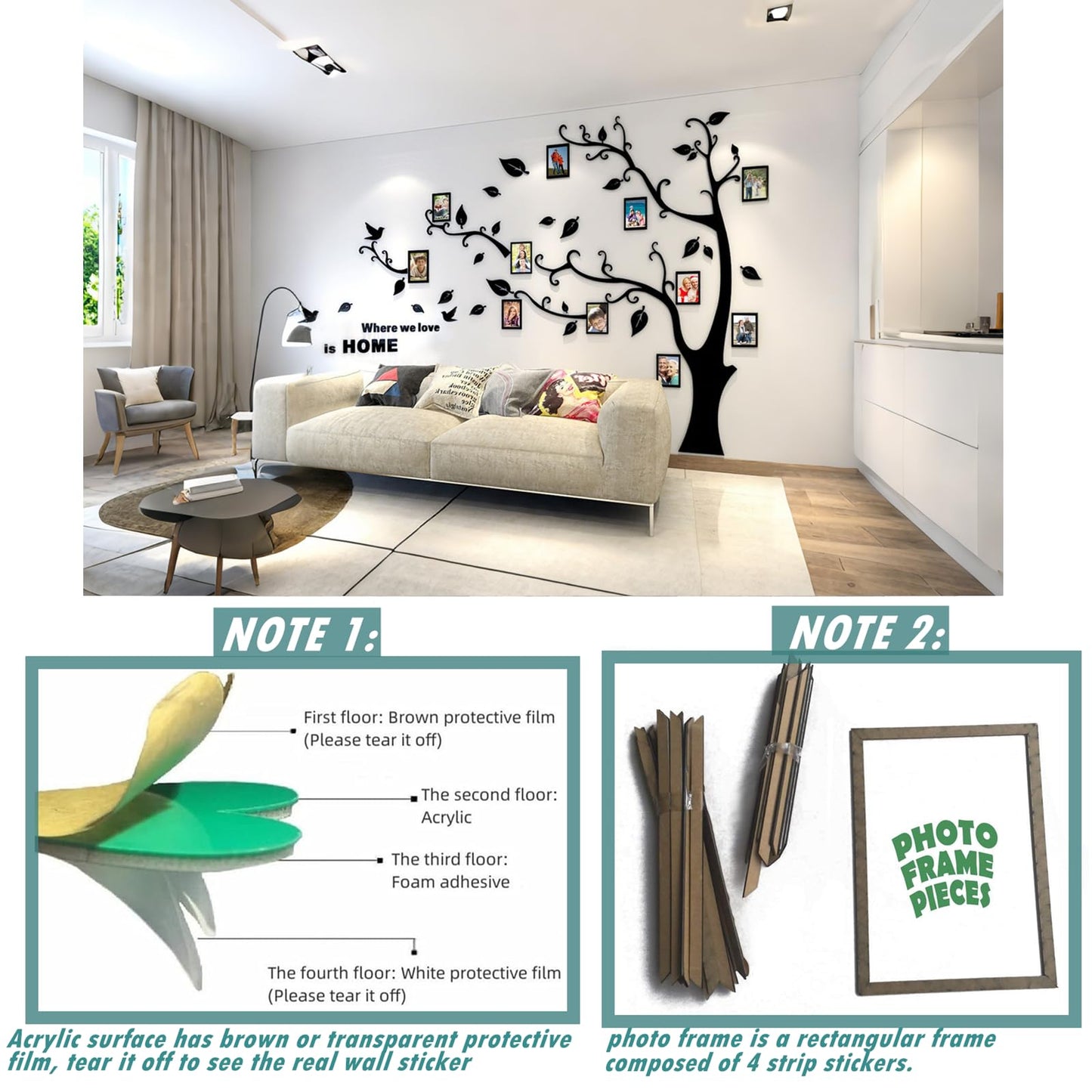 3D Tree Wall Stickers - DIY Photo Frame Tree Wall Decal Family Photo Frame Sticker Murals Wall Decor Living Room Bedroom TV Background Home Decorations (S:54 * 39in,Black Left)
