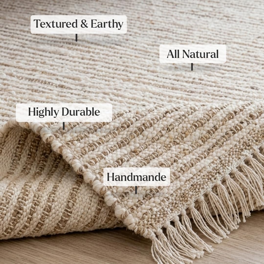 HOMEMONDE Jute Cotton Area Rug 6x9 ft Large Rectangle Hand Woven Natural Farmhouse Rugs for Living Room, Bedroom, Kitchen, High Traffic Area - Rustic Vintage Bohemian (Natural Offwhite)