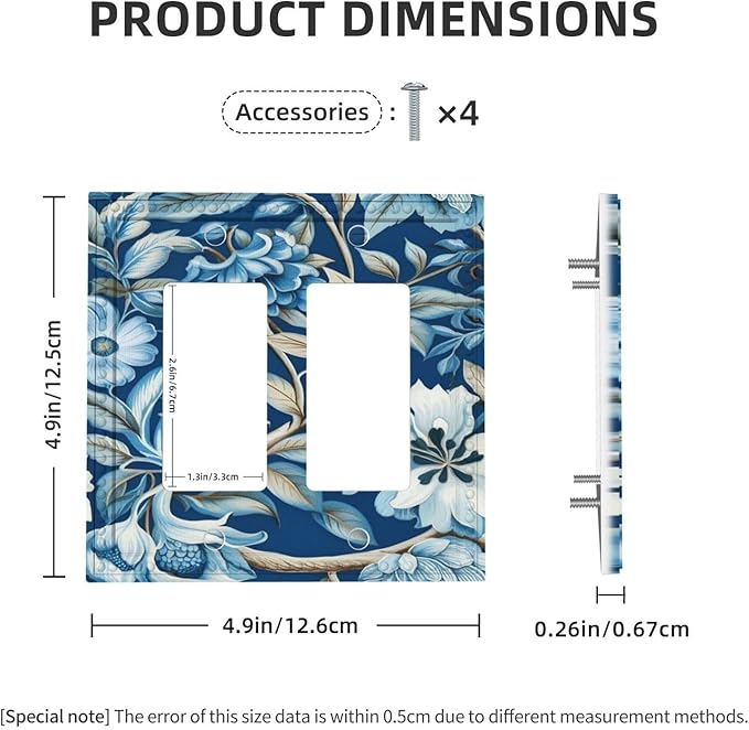 Blue Flowers Branches Leaves Floral Pattern Dual Outlet Covers Wall Plate 2 Gang Rocker Decorative Switchplate Electrical Faceplate GFCI Light Switch Covers for Farmhouse Living Decor