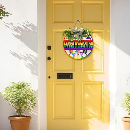 Gay Pride Progress Pride Rainbow Door Sign Welcome LGBTQ Love Heart Round Wood Sign with Bow Wreath Lesbian Parade Day Pansexual Bisexual Transgender Hang Sign for Front Door Diversity 12 In
