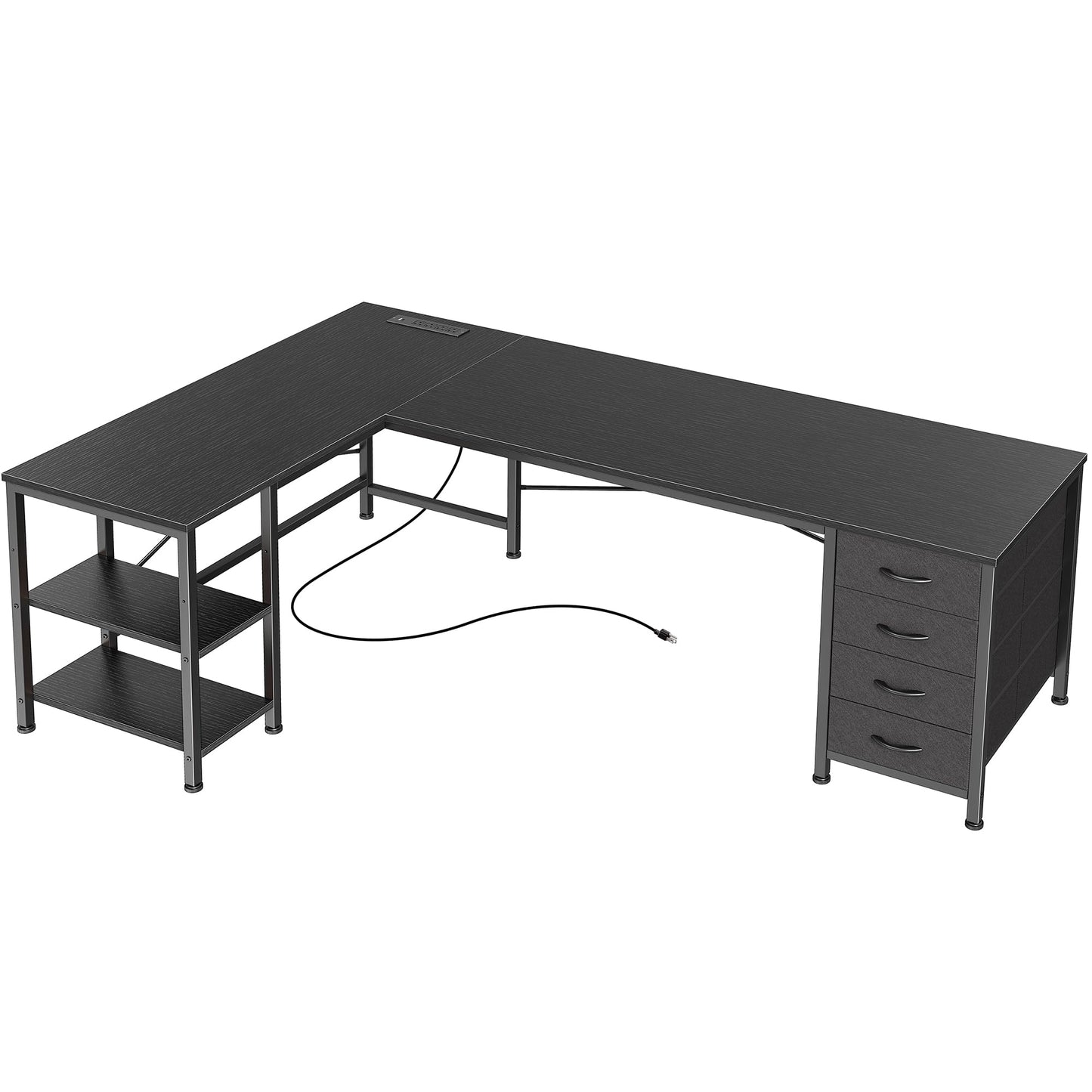 Huuger 55 Inch L Shaped Desk with Fabric Drawers, Reversible Computer Gaming Desk with Power Outlets and USB-C Port, Adjustable Side Storage Shelves, for Work Study Corner Home Office, Black