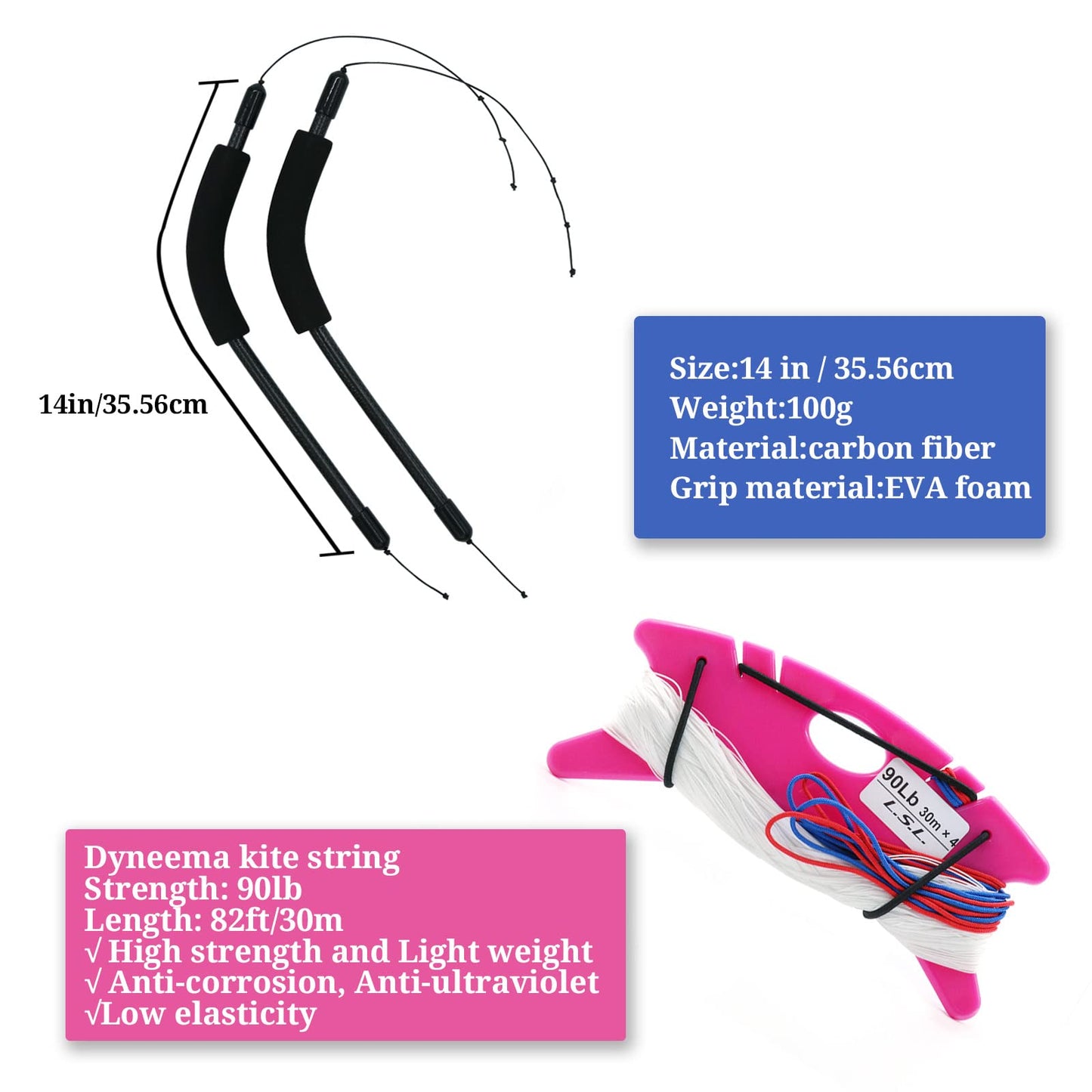 9KM DWLIFE Stunt Quad Line Kite Handles with 90lb/98ft Dyneema String 14" Carbon Fiber Professional for Adults Flying Control Tool Accessories Durable Strong Precise Control