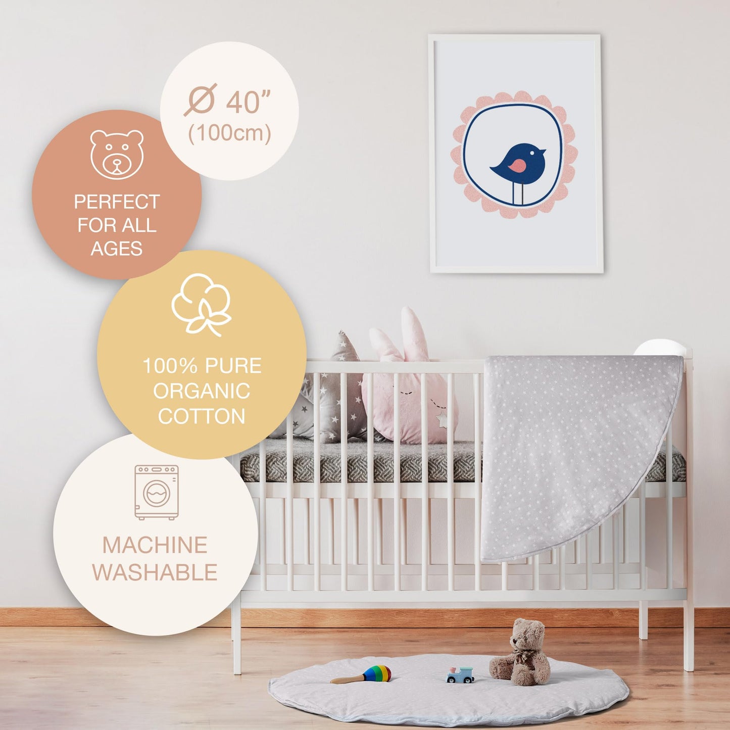 Byrd & Blume Round Baby Play Mat, Organic Cotton Soft Padded Nursery Floor Mat, Safe Hypoallergenic Baby Mat, Reversible, Foldable, Portable Infant Tummy Time Mat Fits Tents & Playpens (40"x40") Gray