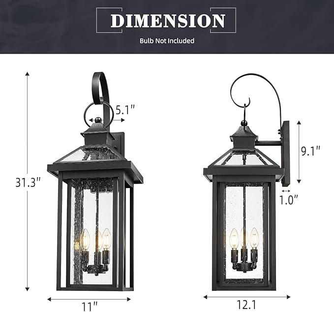 zeyu 3 Light Large Outdoor Wall Sconce, 31.3 Inch Outdoor Porch Sconce Light in Black Finish, Die-Cast Aluminum with Seeded Glass Shade, ZW114BL BK
