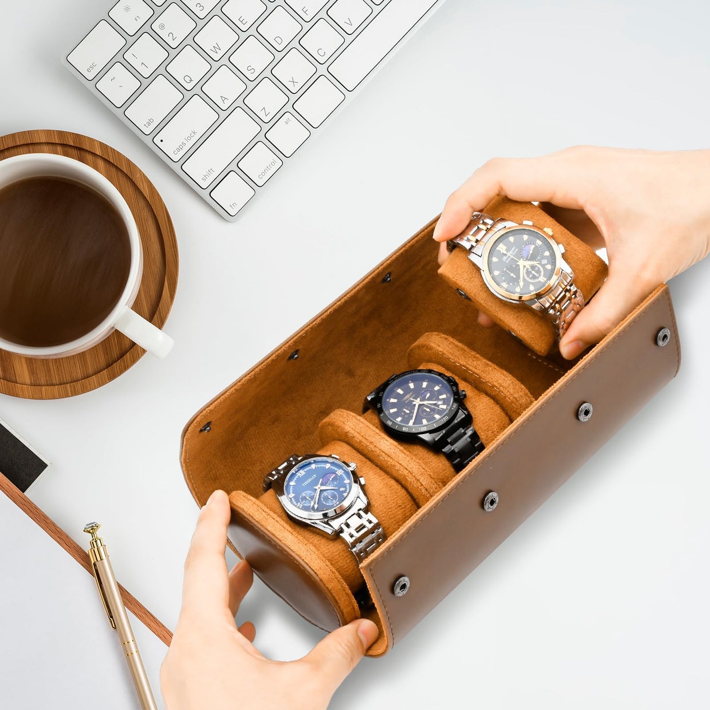 ROSELLE Watch Roll Travel Case for Men and Women- 3 Watch Storage and Organizer-Secure Storage with Innovative Removable Pillows & Solid Dividers for Home, Travel and Display(Brown)
