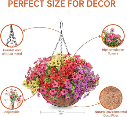 Artificial Hanging Faux Flowers Basket, Fake Silk Daisy Eucalyptus Plants Arrangement,for Spring Summer Outdoor Decoration,UV Resistant, Coconut Planter,Look Real for Home Garden Decor (Multi Color)