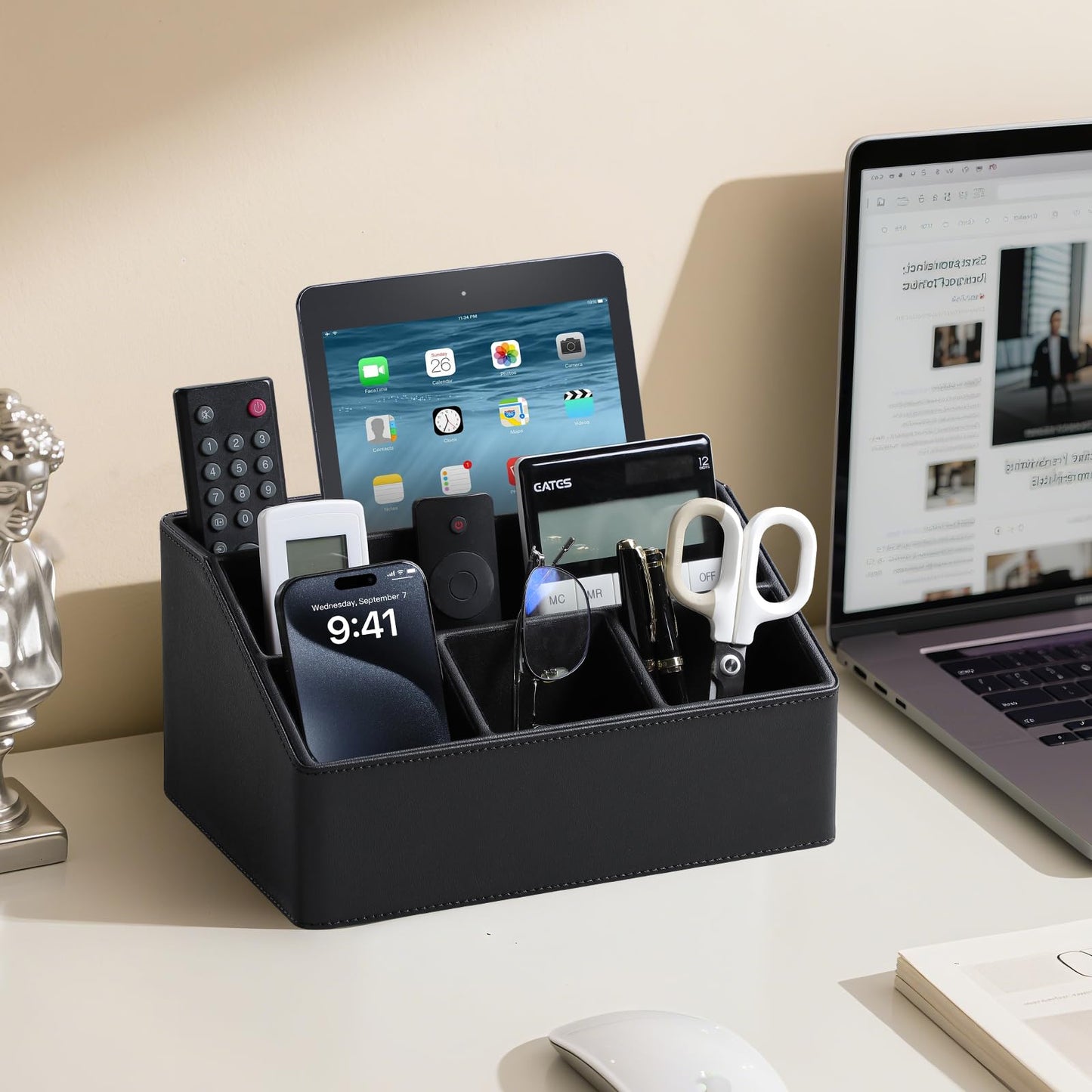 MEIBOOCH PU Leather Desk Organizer, Luxury Remote Control Holder for Home, Office Desk Accessories Table Caddy Bedside Nightstand Organizer (Black)