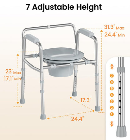 soundfuse 3 in 1 Bedside Commode Toilet for Seniors, Sturdy Dual-Crossbar