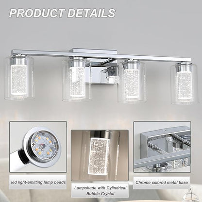 4 Light Chrome Bathroom Light Fixture, Dimmable 5CCT Chromes Bathroom Vanity Lights, 2700K-6500K Modern Crystal Bubble LED Wall Sconce Over Mirror with Clear Glass for Bedroom, Living Room