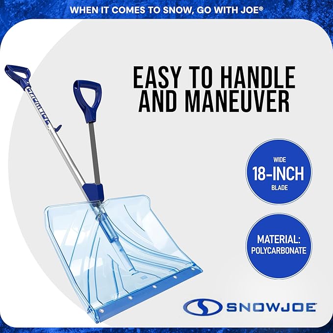 Snow Joe Snow Shovel, Shovelution Strain-Reducing Ice Remover w/ Assist Handle, 18", Blue - Heavy-Duty Blade Tool for Digging and Removing Ice from Driveway, Patio, and Yard, SJ-SHLV02