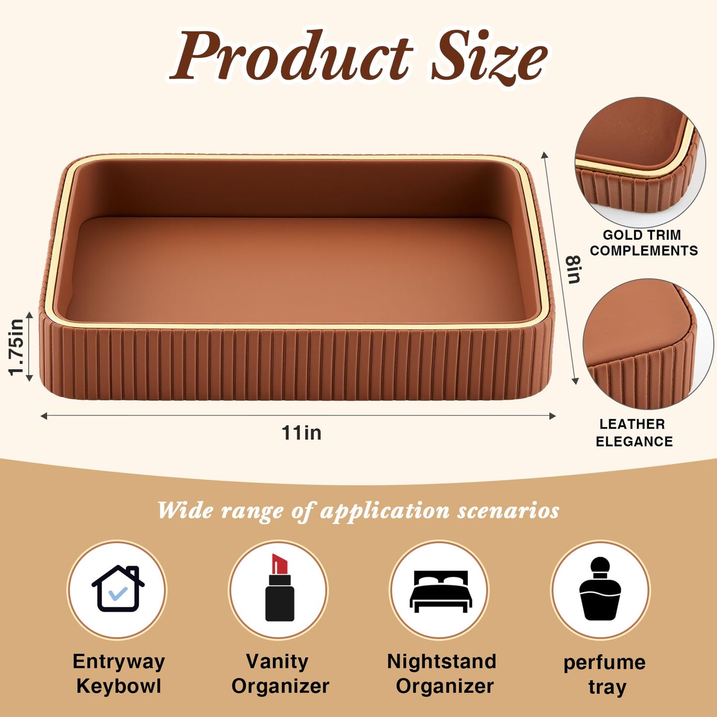 Fiwochic PU Leather Valet Tray 11 x 8 x 1.75 Inch Desktop Storage Organizer Catchall Bedside Table Tray Nightstand Caddy Holder for Men Women Gift for Key Bowl Wallet Phone Coin Vanity Perfume