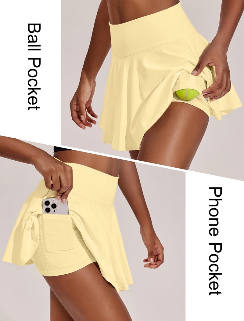 PINSPARK Athletic Skirts for Women Pleated Tennis Skort with Pockets Mini Pickleball Skirt Stretchy Sports Skirts, Butter Yellow XXL