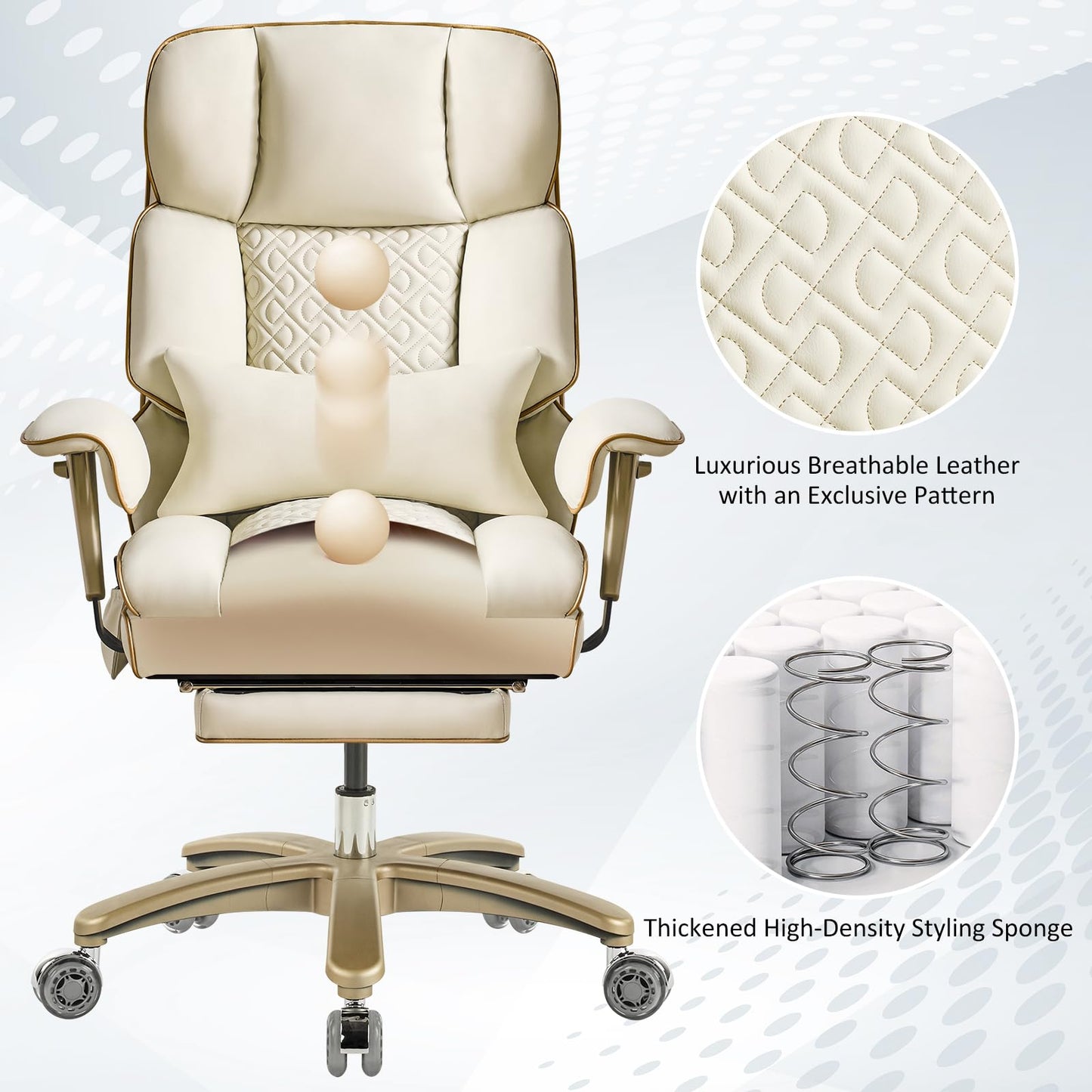 Furnistyle Leather Office Chair with Footrest, High-Back Executive Office Chair with Adjustable Lumbar Support, Luxury Desk Chair with Silent Wheels Rocking 360° Swivel, Height Adjustment,Beige
