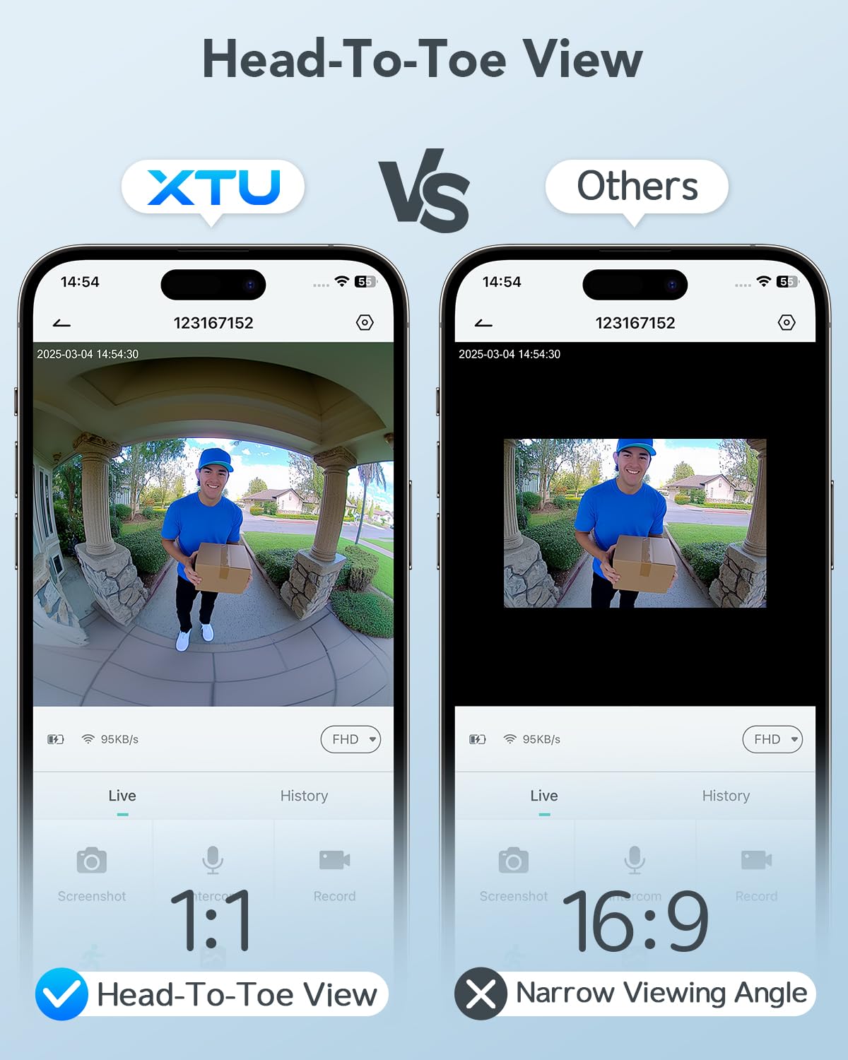 XTU Wireless Video Doorbell Camera, 180° Head-to-Toe Video, Live View with Two-Way Talk, 2.4G Wi-Fi Doorbell Camera with Chime, Local/Cloud Storage, Human Detection, Works with Alexa & Google Home