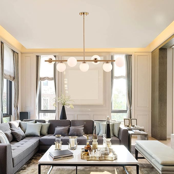 7 Lights Modern Sputnik Chandelier Globe White Glass Shade Brass Linear Mid Century Farmhouse Pendant Light Fixture for Kitchen Island Bedroom Dining Lighting (Gold)