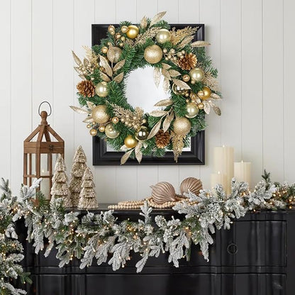 24 inch Christmas Door Wreath, Pine Wreaths for Front Door with Golden Ball Glittered Leaf Spray Stems Pinecones Berries for Fireplace Xmas Decorations, Wall Window Indoor Outdoor Decor