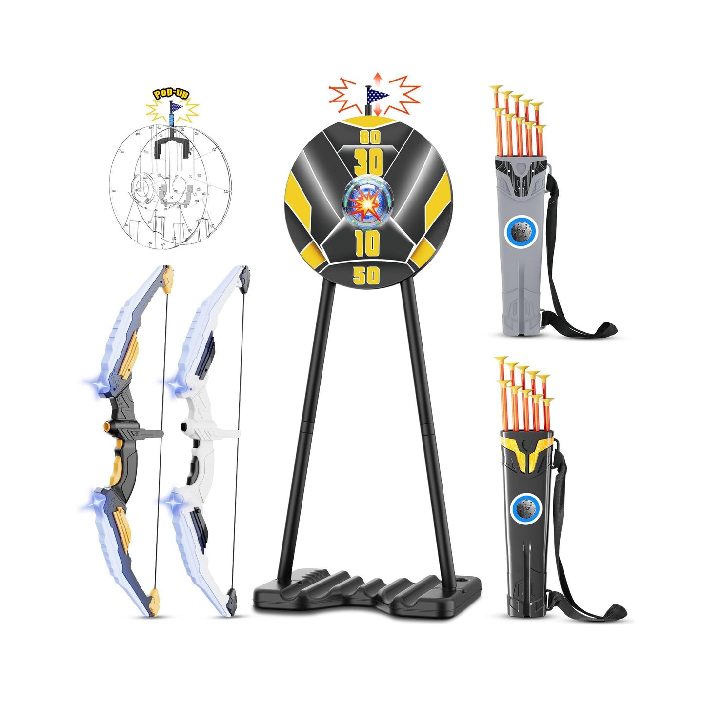 2 Pack Bow and Arrow for Kids, LED Light Up Archery Set with 20 Suction Cup Arrows&2 Quivers Indoor Outdoor Games for Kids Ages 4-8 8-12 Birthday Gifts Toys for 5 6 7 8 9 10 11 12 Year Old Boys Girls