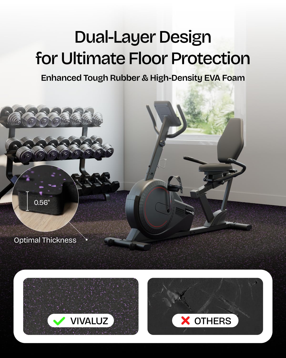 Vivaluz 0.56 Inch Thick 48 Sq Ft Gym Flooring for Home Gym, 12 Tiles Robust Rubber Top with Eva Foam Exercise Equipment Mats, Protective Flooring Puzzle Mat for Fitness Room