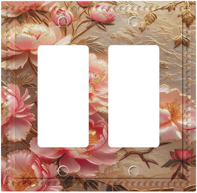 Pink Blooming Flowers Peonies Floral Dual Outlet Covers Wall Plate 2 Gang Rocker Decora Decorative Switch plate Electrical Faceplate GFCI Light Switch Covers for Farmhouse Living Decor