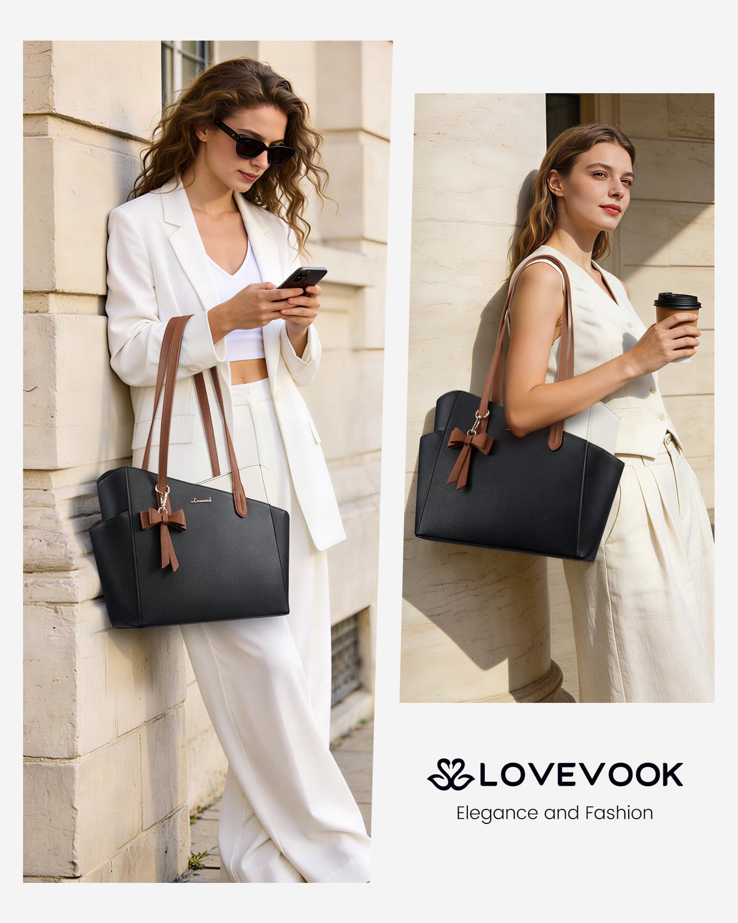 LOVEVOOK Small Tote Purse for Women, 2026 Structured PU Leather Handbags with Top Handle, Elegant Satchel Shoulder Bag Black-White-Brown