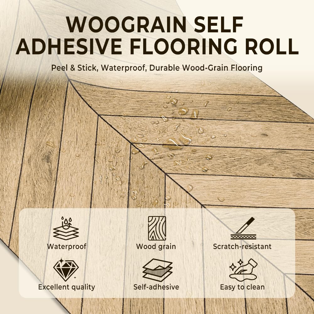 Wood Grain Peel and Stick Vinyl Flooring Roll - 15.7" X 236" Vinyl Flooring Roll,Textured with Waterproof, Slip-Resistant for Bedroom, Living Room