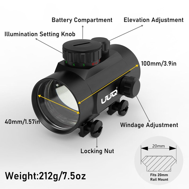 UUQ 1x40mm Reflex Sight, 4MOA Red&Green Dot Sight, Waterproof and Shockproof Gun Sight with 5-Level Brightness, Fits 20mm Rails