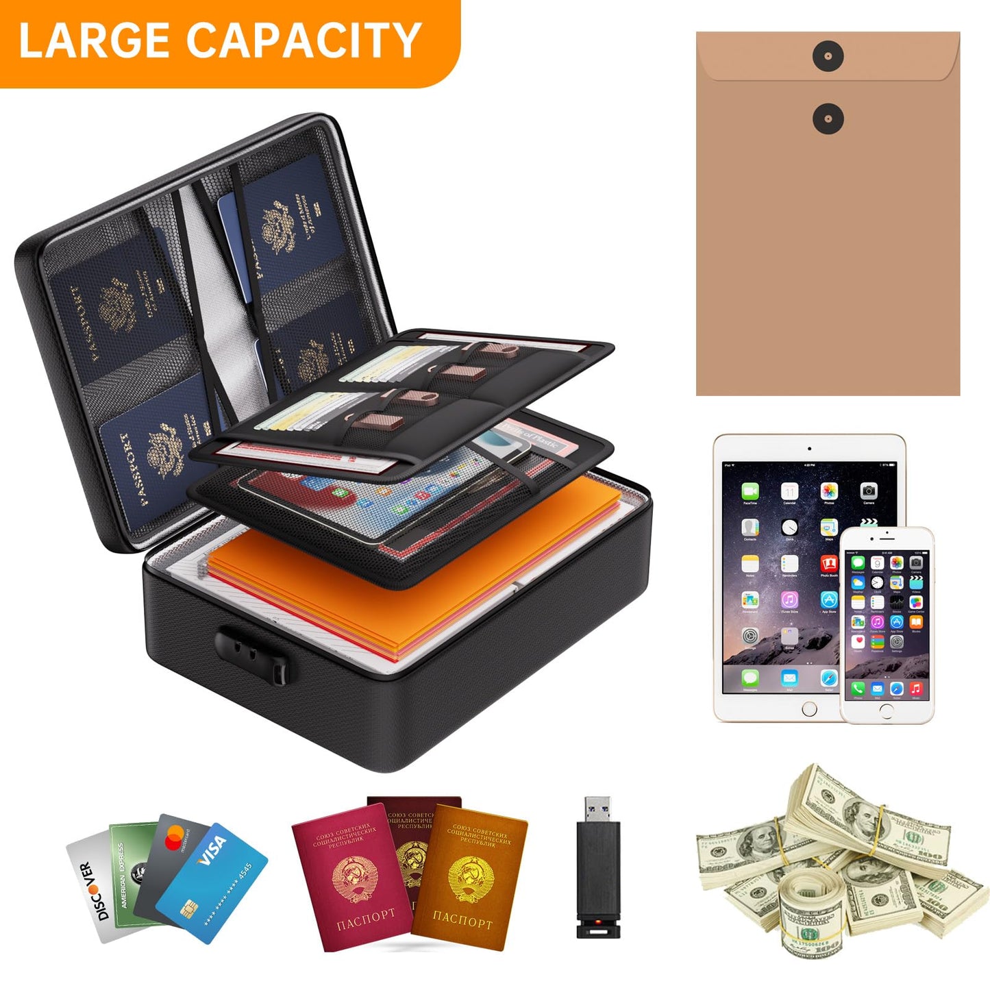 DocSafe 5200°F Document Organizer with Lock, Upgraded Heat Insulated Fireproof＆Water-Resistant Box 8 Layers File Organizer, Portable Home Travel Safe Storage for Important Documents and More