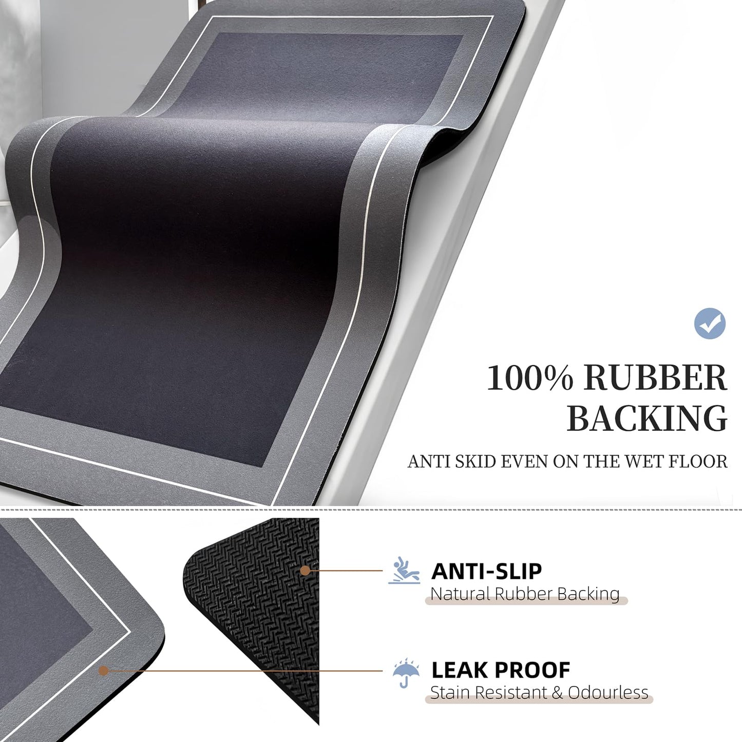 Diatomaceous Earth Bath Mat Super Absorbent Quick Dry Bath Mat, Bathroom Rugs Non Slip Washable, Thin Dark Gray Bathroom Floor Mats-Shower Rug for in Front of Bathtub Shower, Easy Care, 15.7"x23.6"