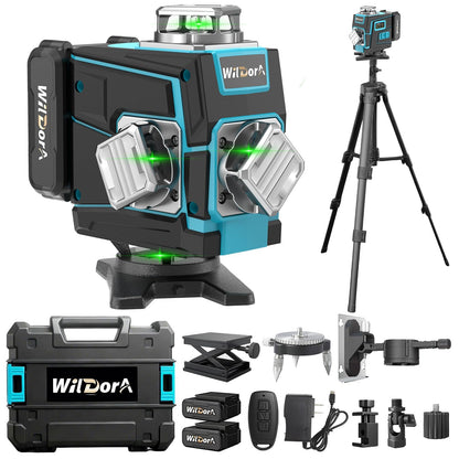 Wildora Laser Level with Tripod, 4x360° Self Leveling ±4° Laser Level, Remote Control 4D Green 16 Line Laser Leveler Tool for Woodworking&Renovation, with 2x4800mAh Li-ion Batteries&Hard Carry Case